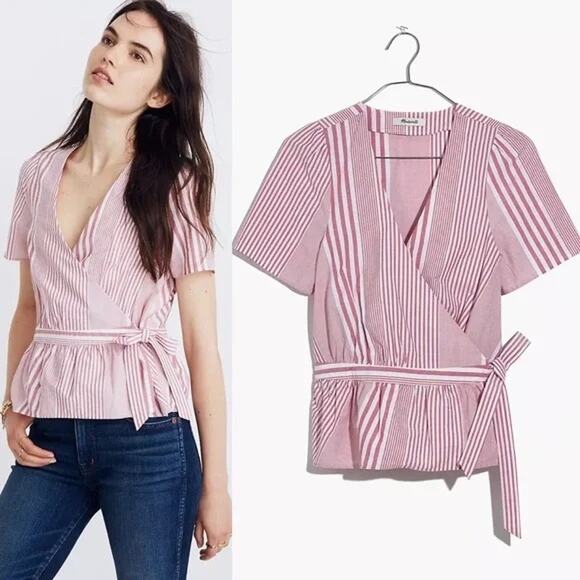 Madewell NWOT Women's Ruffle-Hem Wrap Top in Stripe Mix Deep Crimson Size XS - Picture 1 of 7